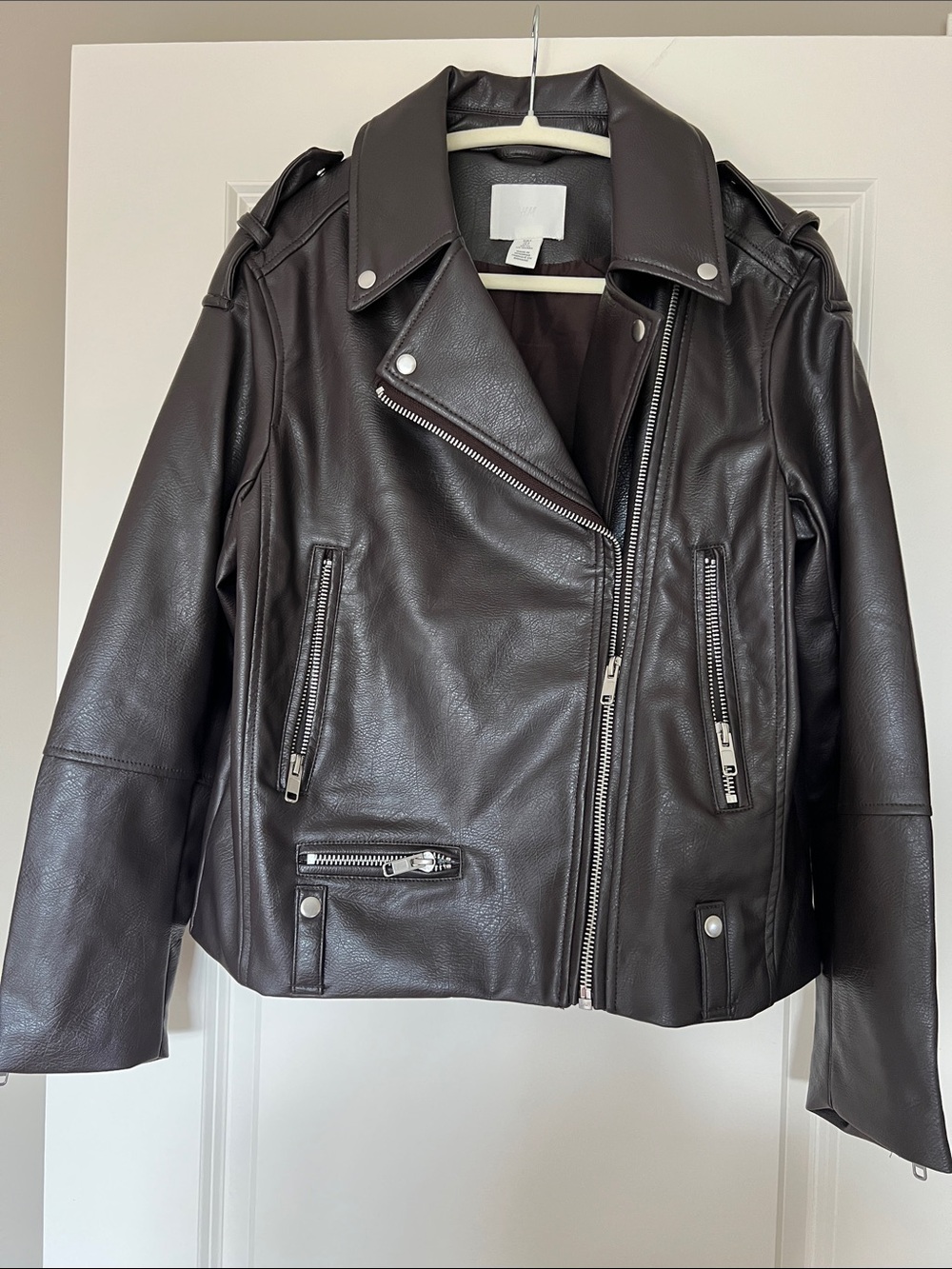 H&M Dark Brown Leather Moto Jacket with Silver Hardware